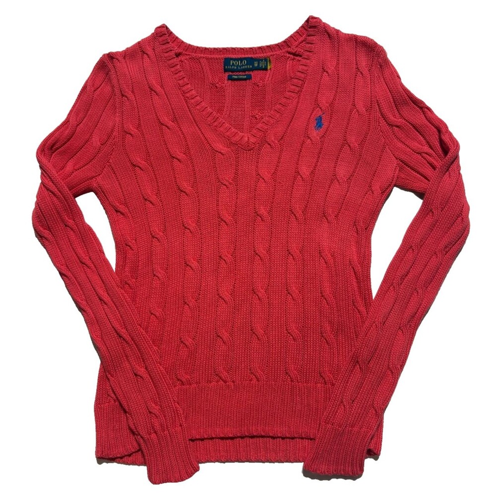 Polo Ralph Lauren Cable Knit V-Neck Sweater Red Cotton Kimberly Slim Fit